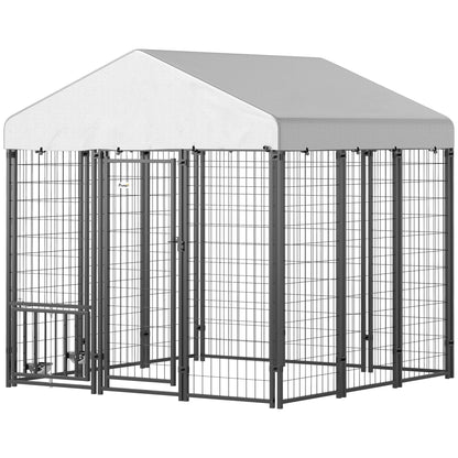PawHut 5.9' x 5.9' x 6' Outdoor Dog Kennel with Roof, Rotating & 4-Level Adjustable Bowls