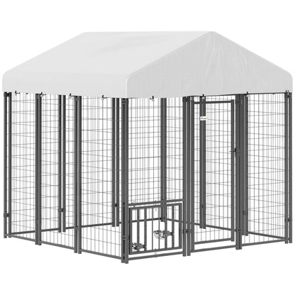 PawHut 5.9' x 5.9' x 6' Outdoor Dog Kennel with Roof, Rotating & 4-Level Adjustable Bowls