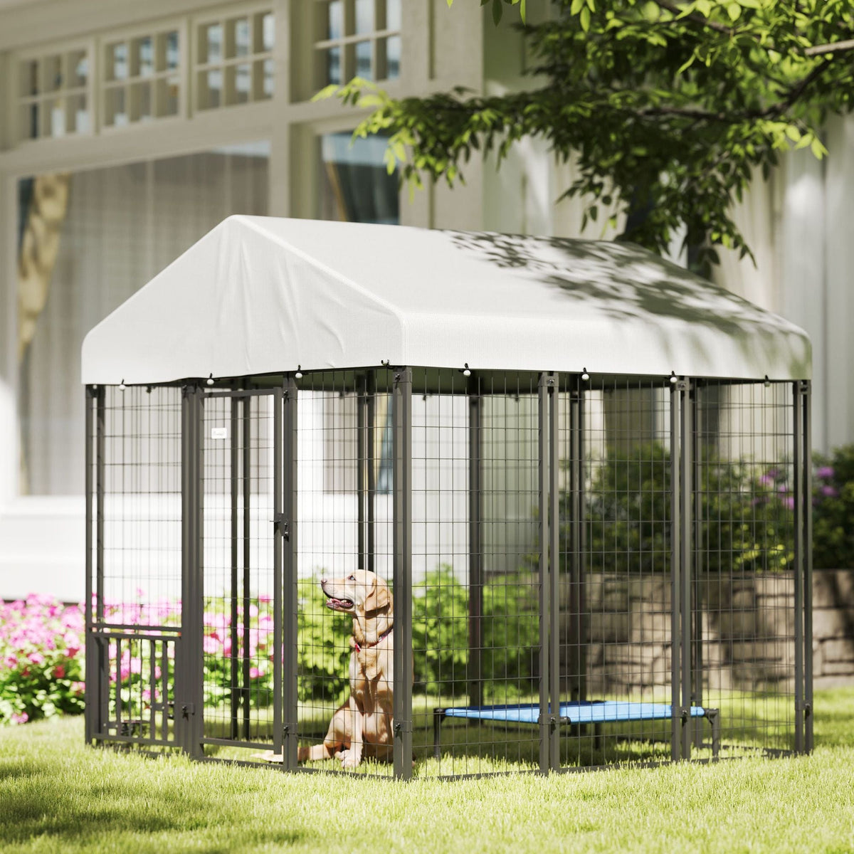 PawHut 5.9' x 5.9' x 6' Outdoor Dog Kennel with Roof, Rotating & 4-Level Adjustable Bowls