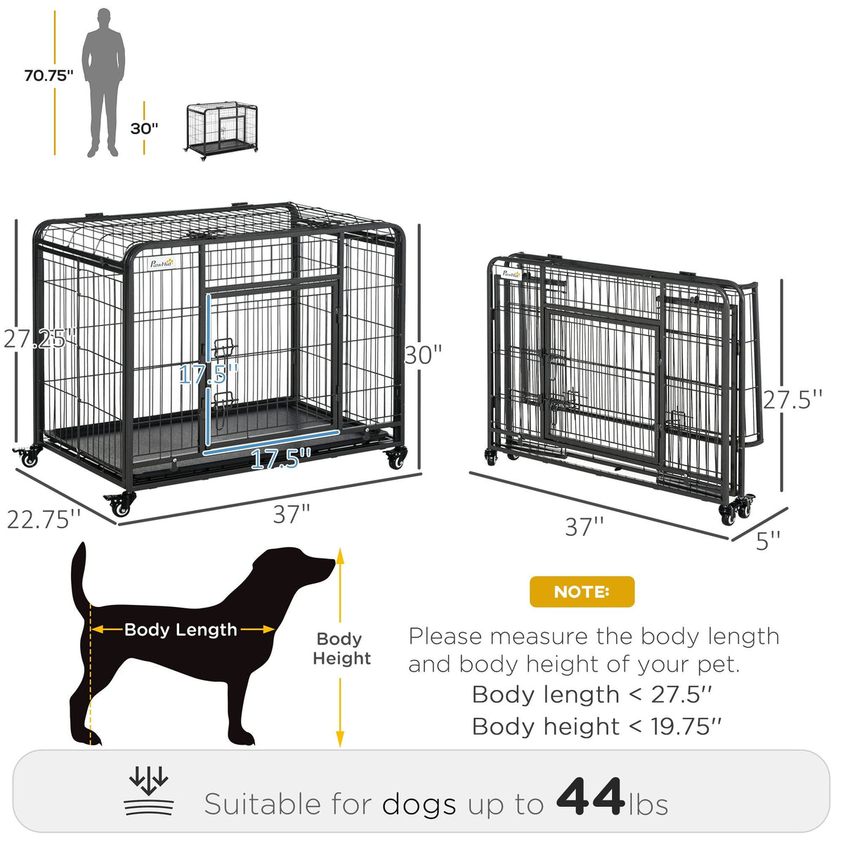 PawHut Metal Dog Crate 37" Heavy Duty Folding Kennel with Removable Tray Cover 4 Wheels Gray