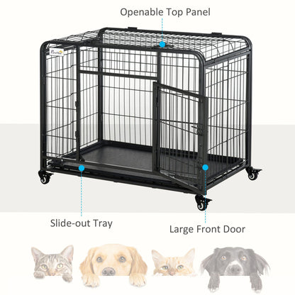 PawHut Metal Dog Crate 37" Heavy Duty Folding Kennel with Removable Tray Cover 4 Wheels Gray