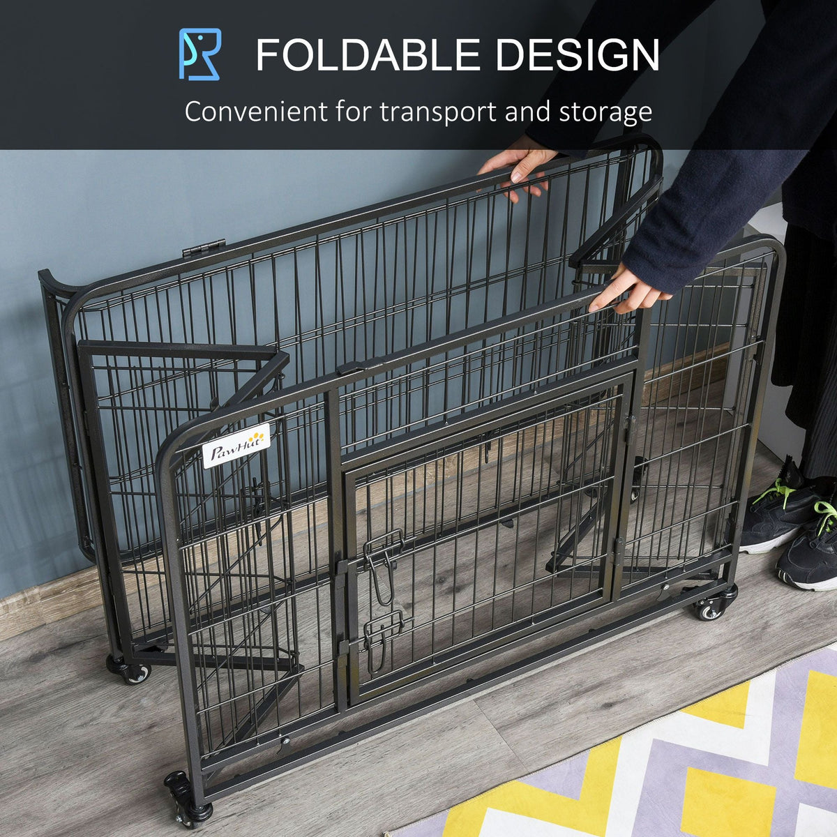 PawHut Metal Dog Crate 37" Heavy Duty Folding Kennel with Removable Tray Cover 4 Wheels Gray