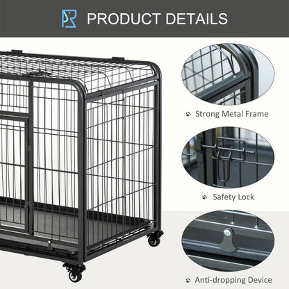 PawHut Metal Dog Crate 37" Heavy Duty Folding Kennel with Removable Tray Cover 4 Wheels Gray