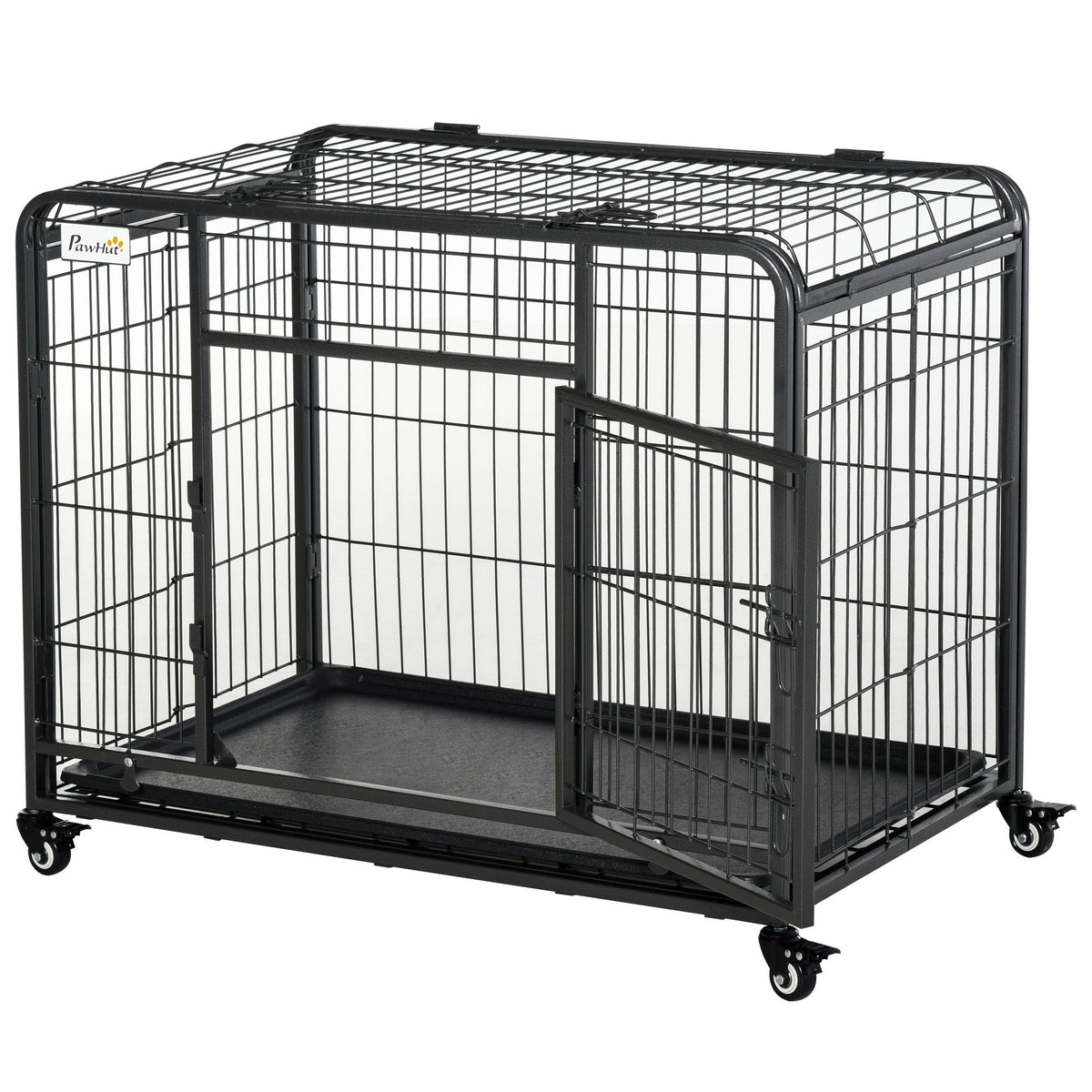 PawHut Metal Dog Crate 37" Heavy Duty Folding Kennel with Removable Tray Cover 4 Wheels Gray
