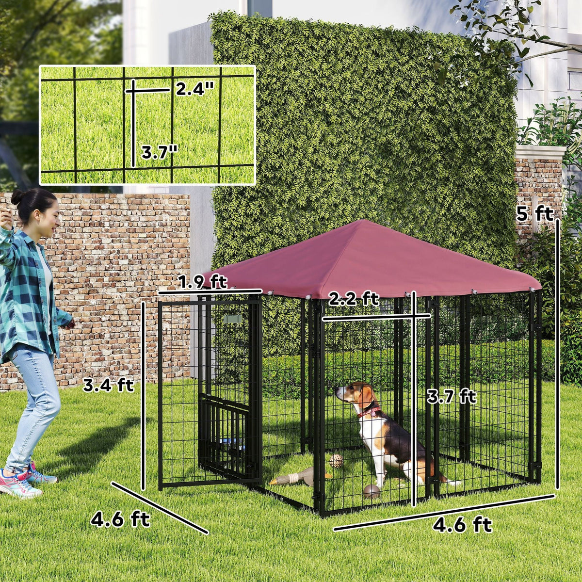 PawHut Welded Wire Outdoor Dog Kennel with 360° Rotating & 4 Levels Adjustable Bowls, Waterproof Cover, 4.6' x 4.6' x 5'