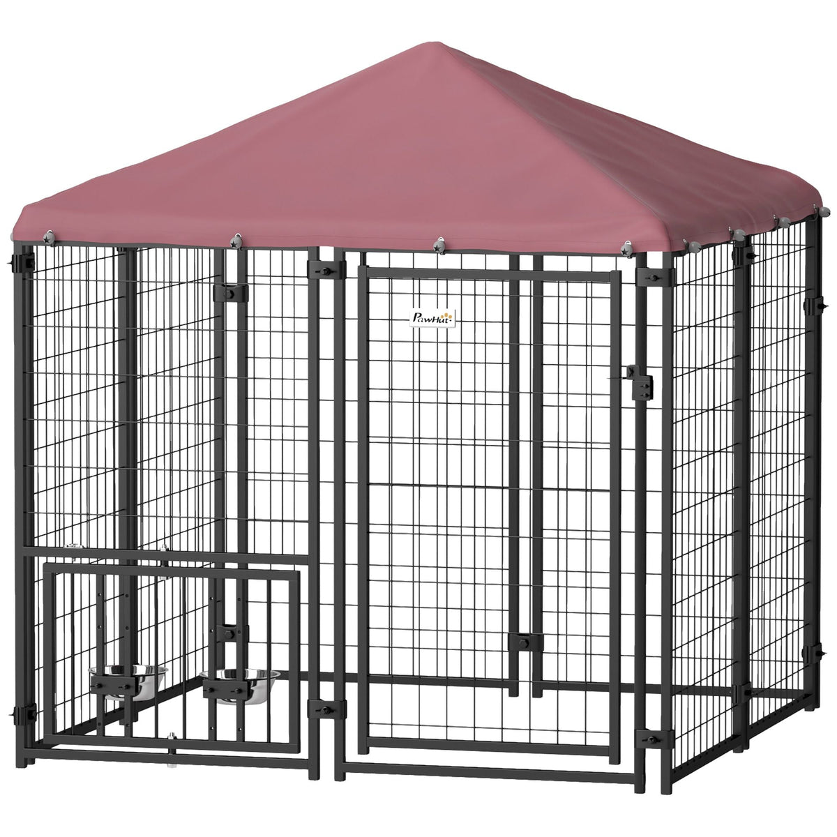 PawHut Welded Wire Outdoor Dog Kennel with 360° Rotating & 4 Levels Adjustable Bowls, Waterproof Cover, 4.6' x 4.6' x 5'