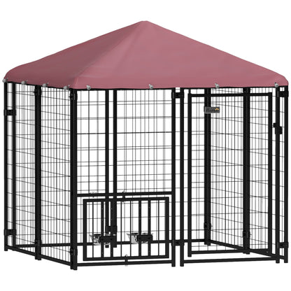 PawHut Welded Wire Outdoor Dog Kennel with 360° Rotating & 4 Levels Adjustable Bowls, Waterproof Cover, 4.6' x 4.6' x 5'