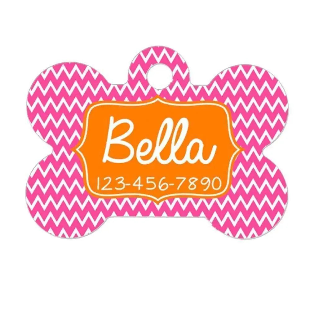 Personalized Bone Dog Tag - Custom Pet ID Tag - Pink Orange Chevron