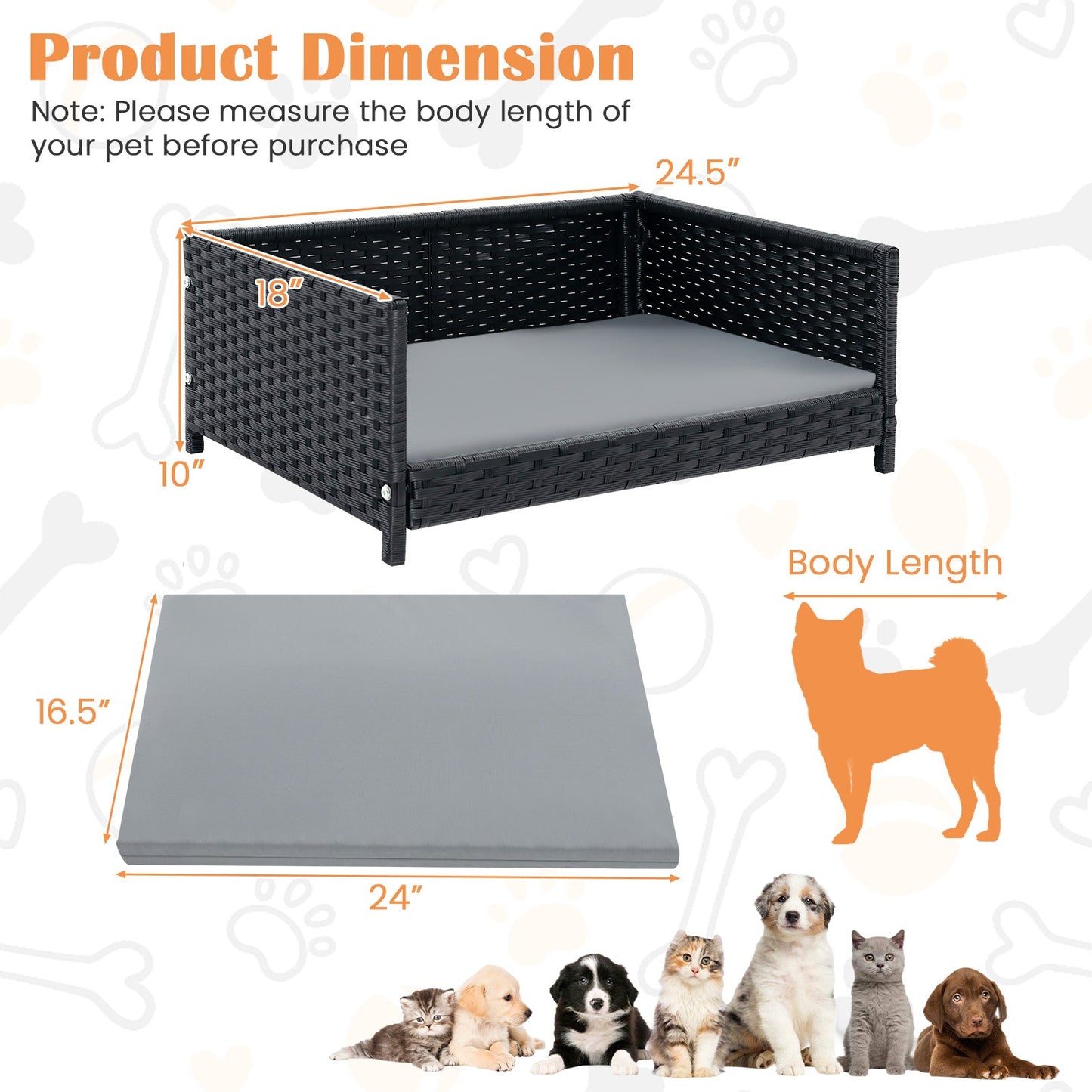Rattan Dog Bed with Waterproof Soft Cushion for Medium Small Dogs Cats-Gray
