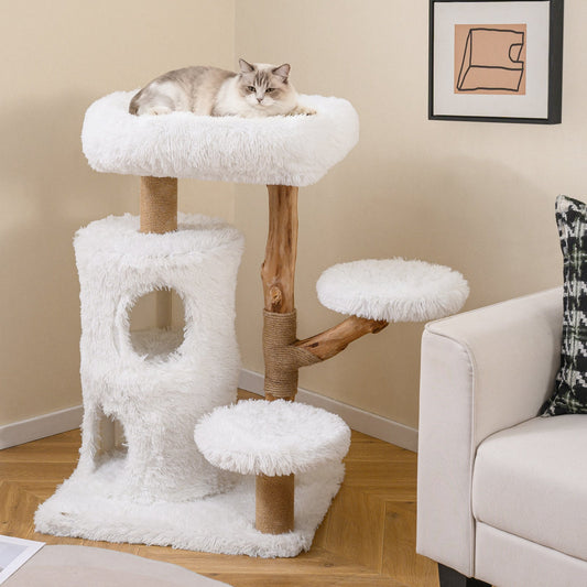 Modern Cat Tree for Indoor Cats 30.5 Cat Tower with Real Solid Wood Branches-White